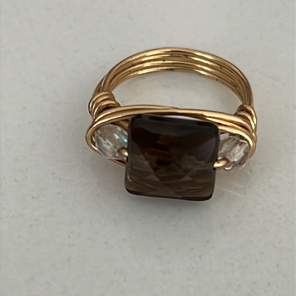 Hand-crafted Artisan Wire Wrapped Ring with Square Smokey Brown Crystal